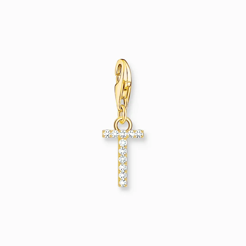 Charm-hängsmycke bokstaven T med vita stenar guldpläterad>Thomas Sabo Online