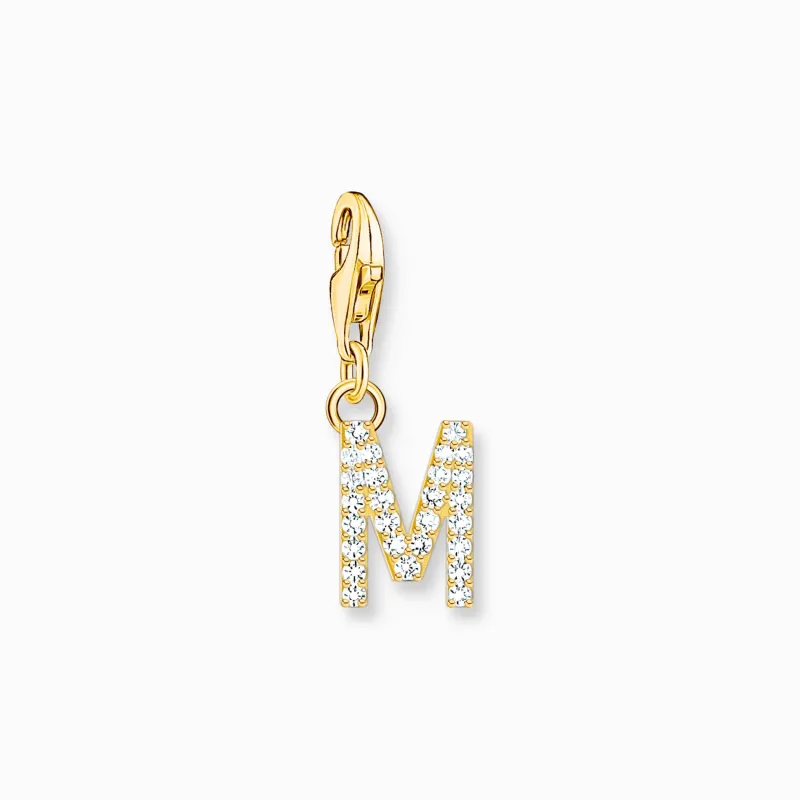 Charm-hängsmycke bokstaven M med vita stenar guldpläterad>Thomas Sabo New